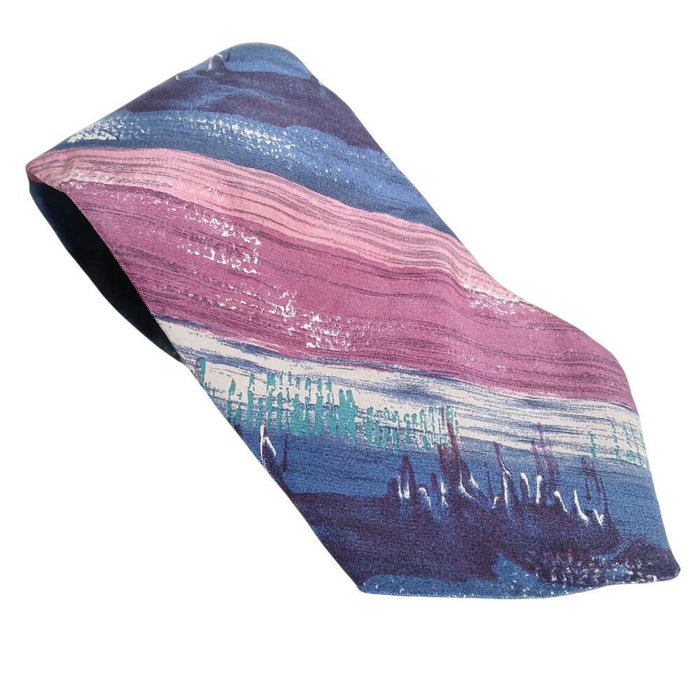 Vintage Metropolis 70s Pink Purple Blue Stripe Drip 100% Silk Mens Tie Retro